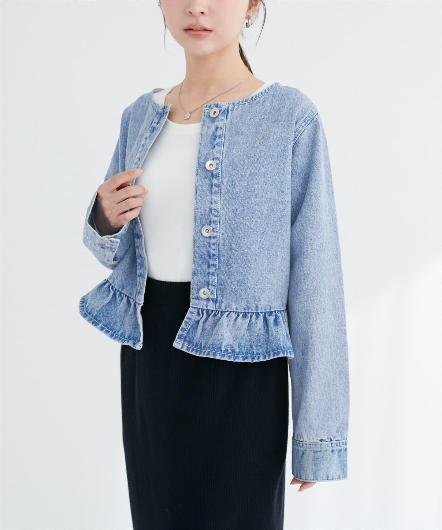 無領荷葉邊牛仔夾克
