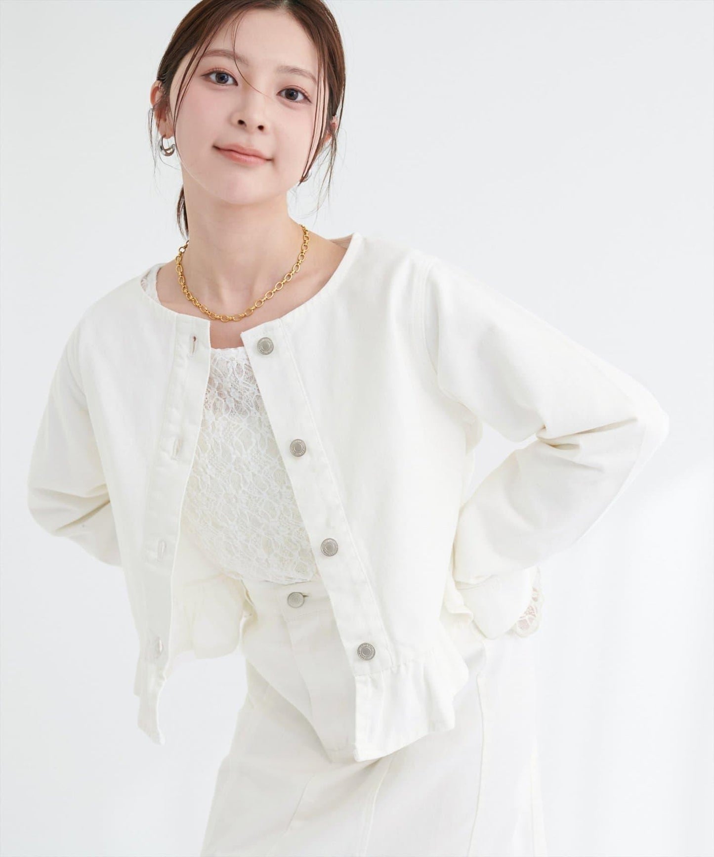 無領荷葉邊牛仔夾克