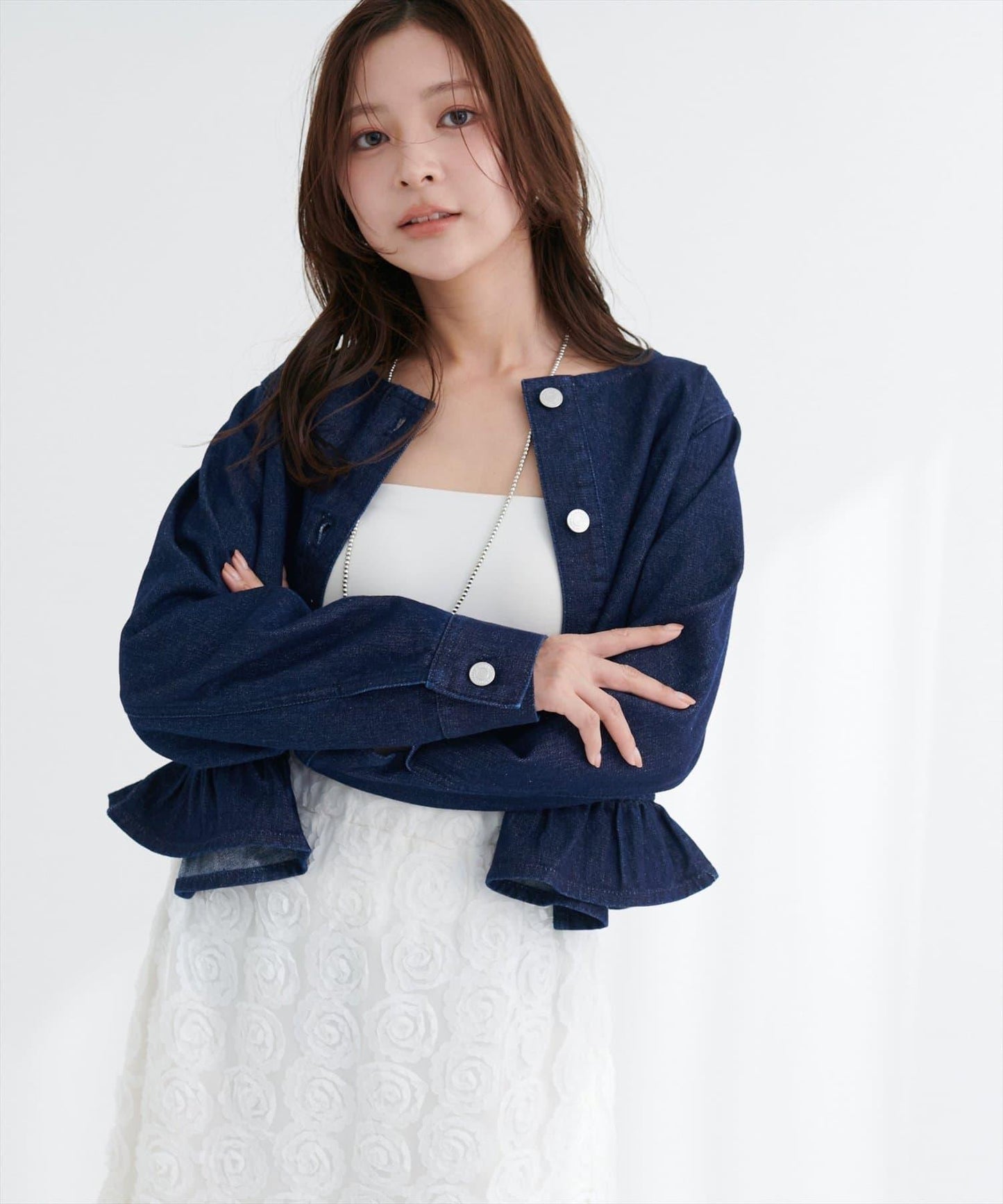 無領荷葉邊牛仔夾克