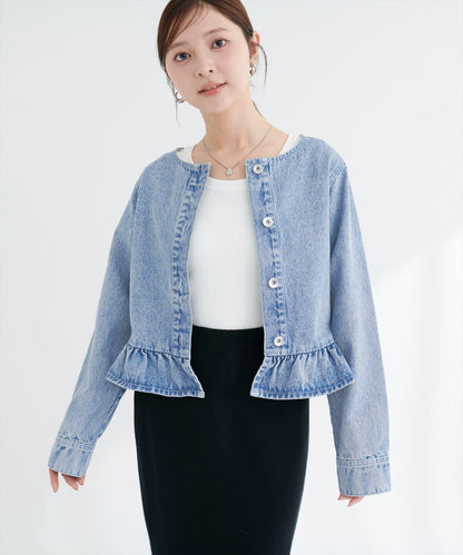無領荷葉邊牛仔夾克