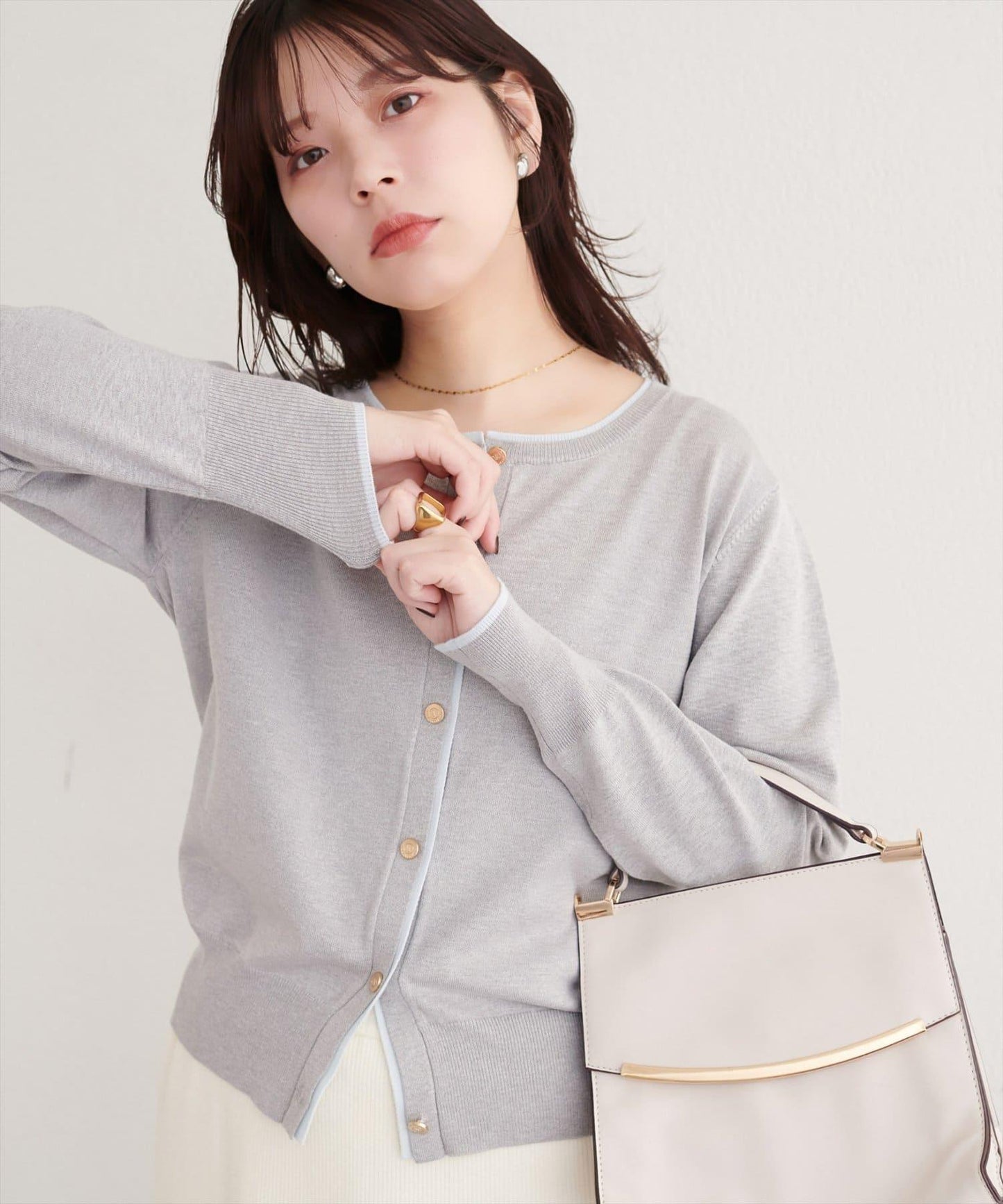 拼色金色紐釦針織開衫