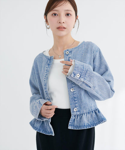 無領荷葉邊牛仔夾克