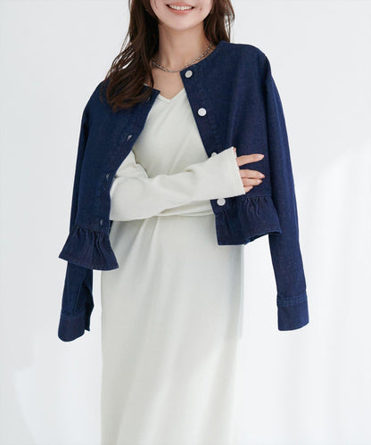 無領荷葉邊牛仔夾克
