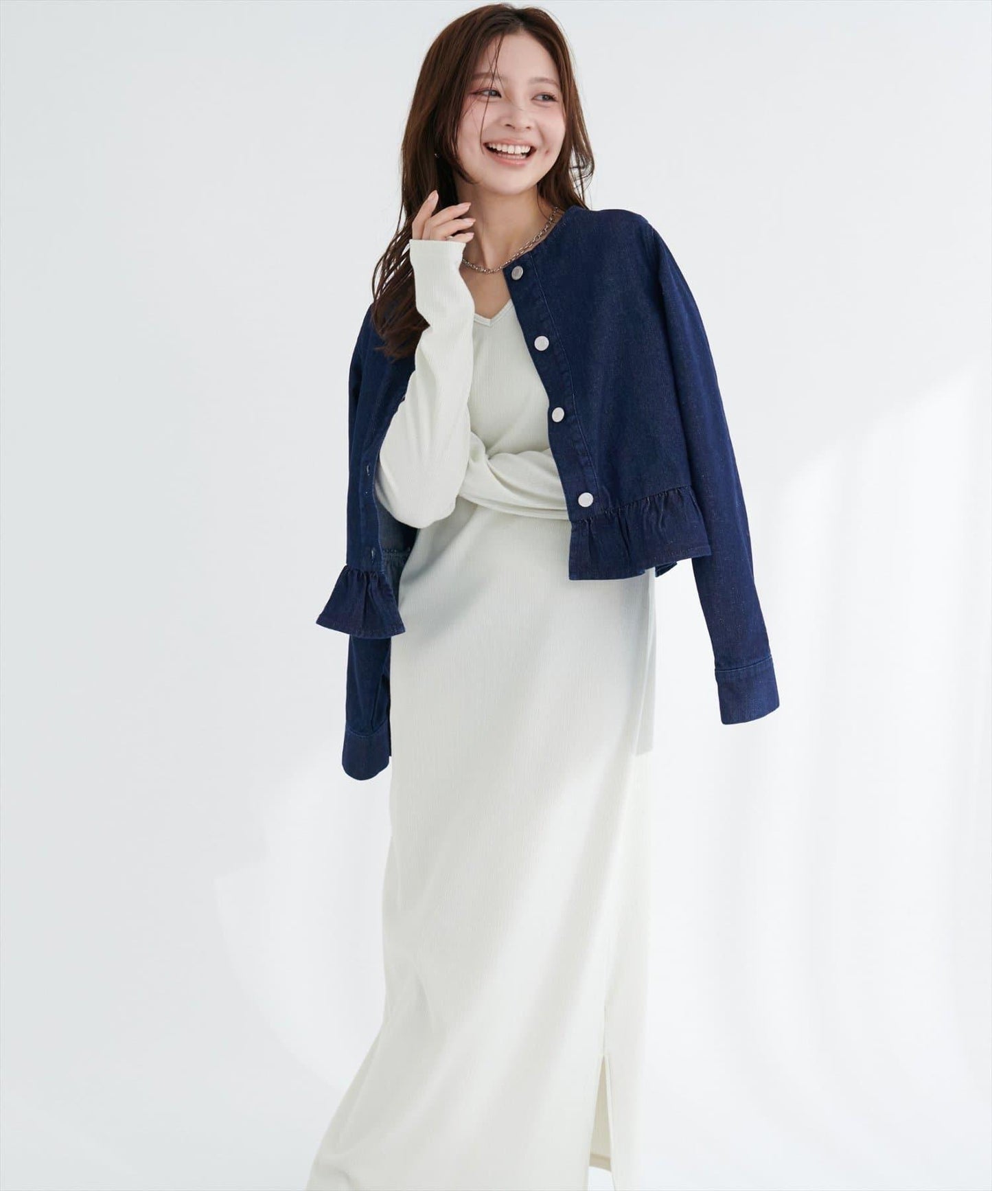 無領荷葉邊牛仔夾克