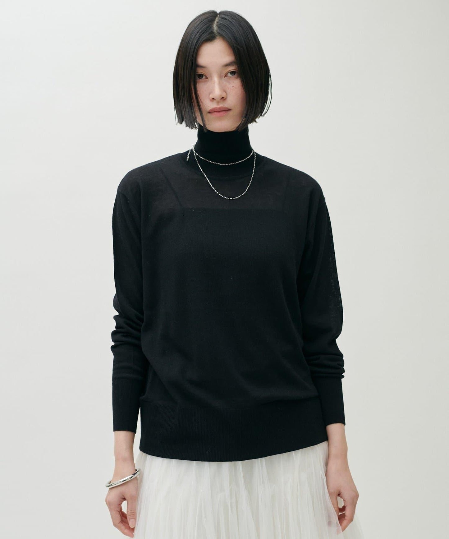 透視高領羊毛混紡針織套頭衫