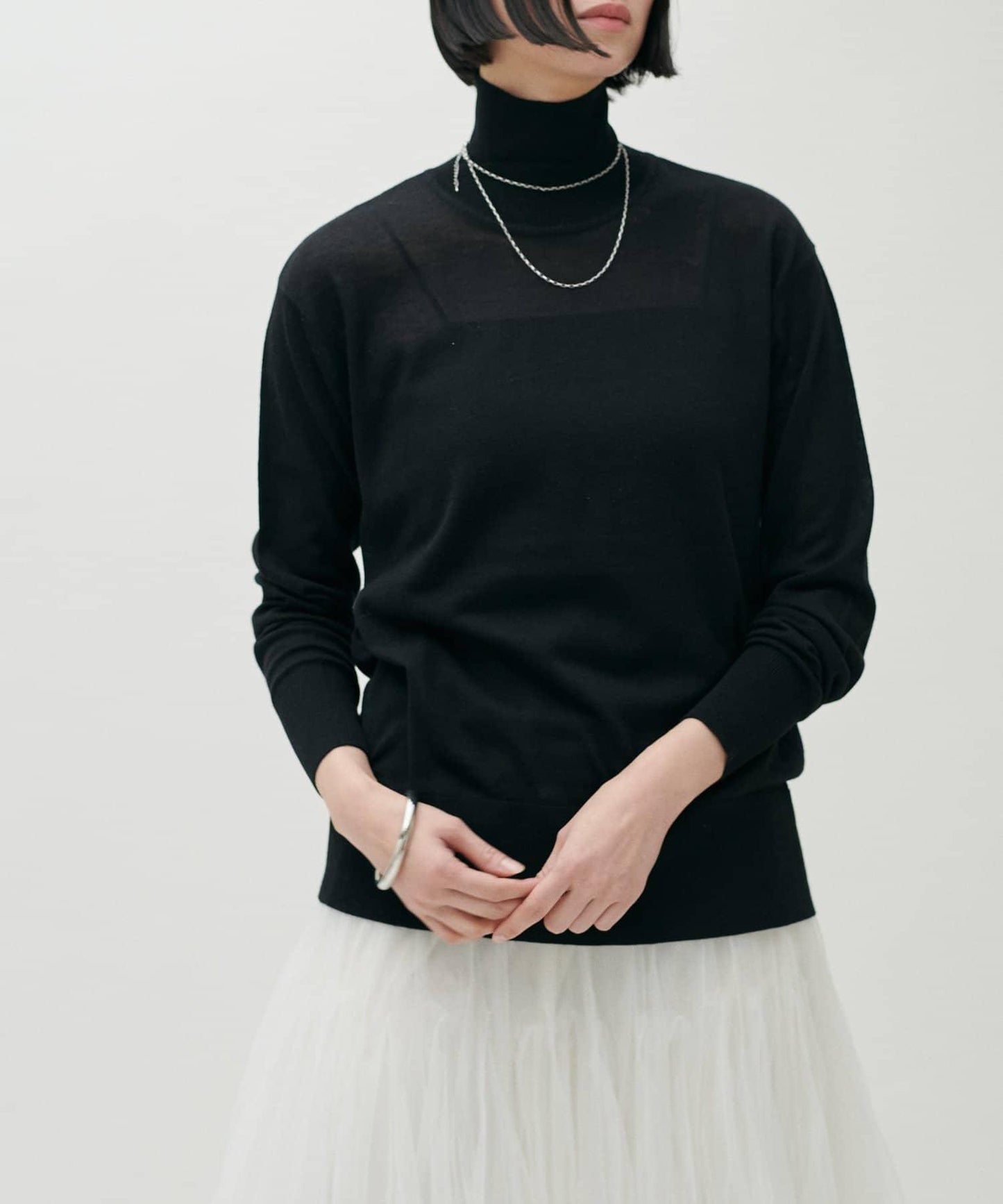 透視高領羊毛混紡針織套頭衫