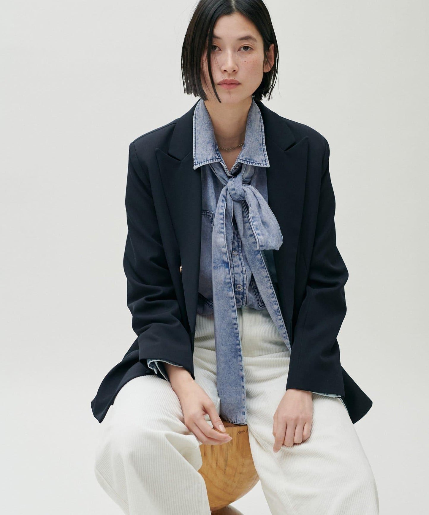 蝴蝶結大口袋牛仔襯衫