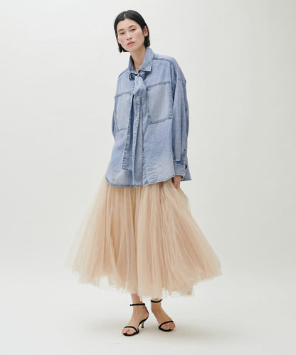 蝴蝶結大口袋牛仔襯衫