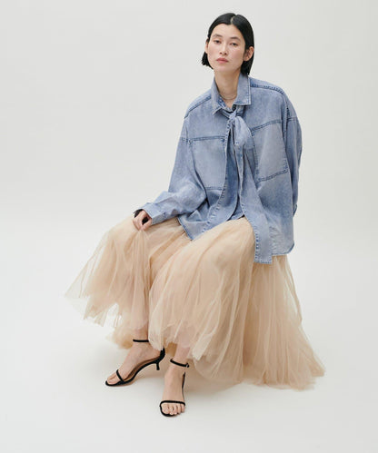 蝴蝶結大口袋牛仔襯衫