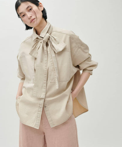 蝴蝶結大口袋牛仔襯衫
