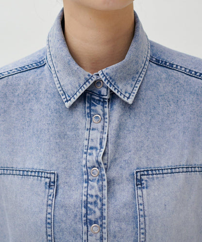 蝴蝶結大口袋牛仔襯衫