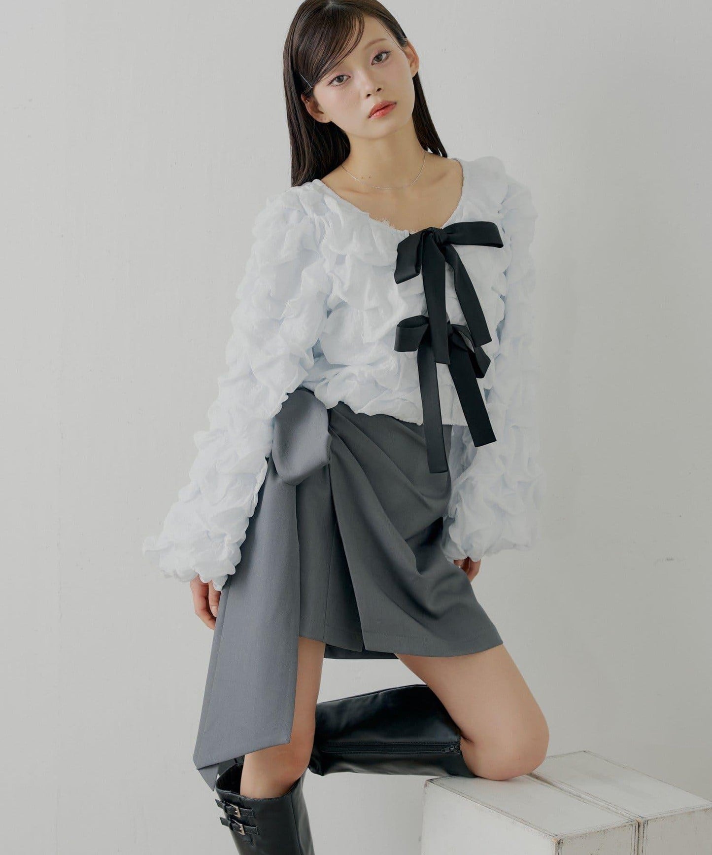 蝴蝶結包裹半身裙+休閒短褲