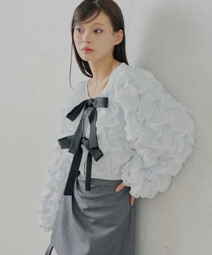 前後兩穿立體蝴蝶結泡泡紋理襯衫
