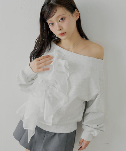 拼接網紗設計一字肩衛衣