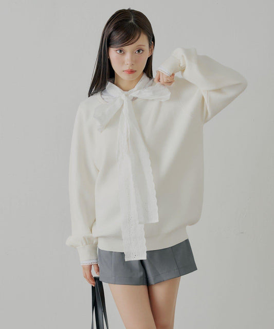 蝴蝶結領襯衫拼接針織衫