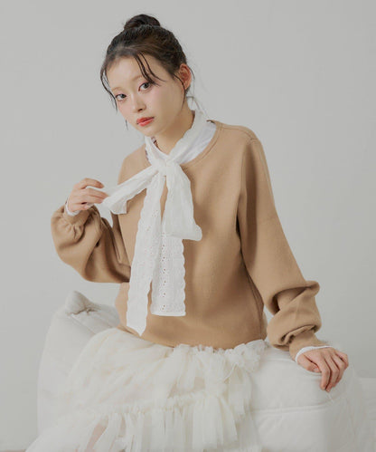 蝴蝶結領襯衫拼接針織衫