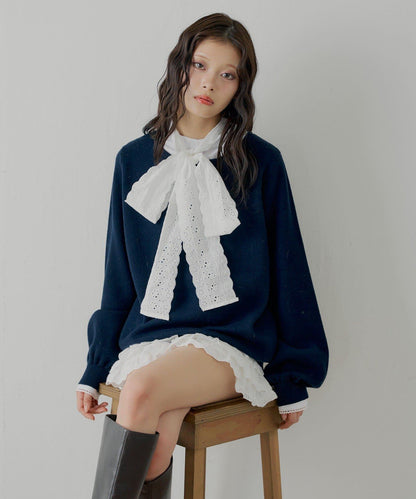 蝴蝶結領襯衫拼接針織衫