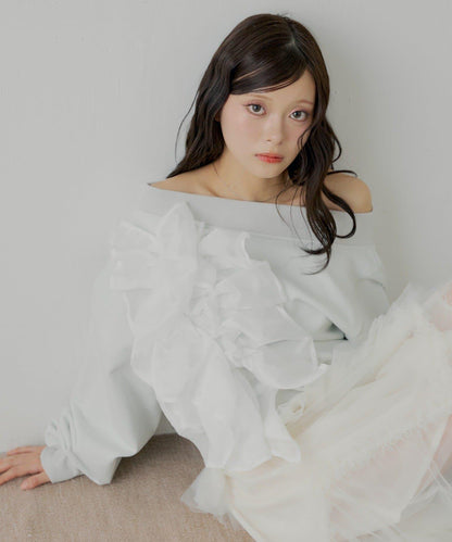 拼接網紗設計一字肩衛衣