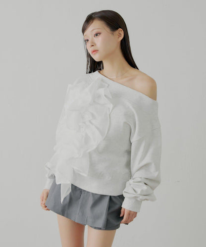 拼接網紗設計一字肩衛衣