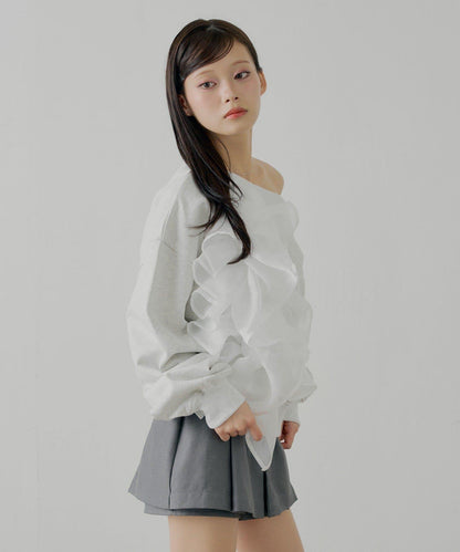 拼接網紗設計一字肩衛衣