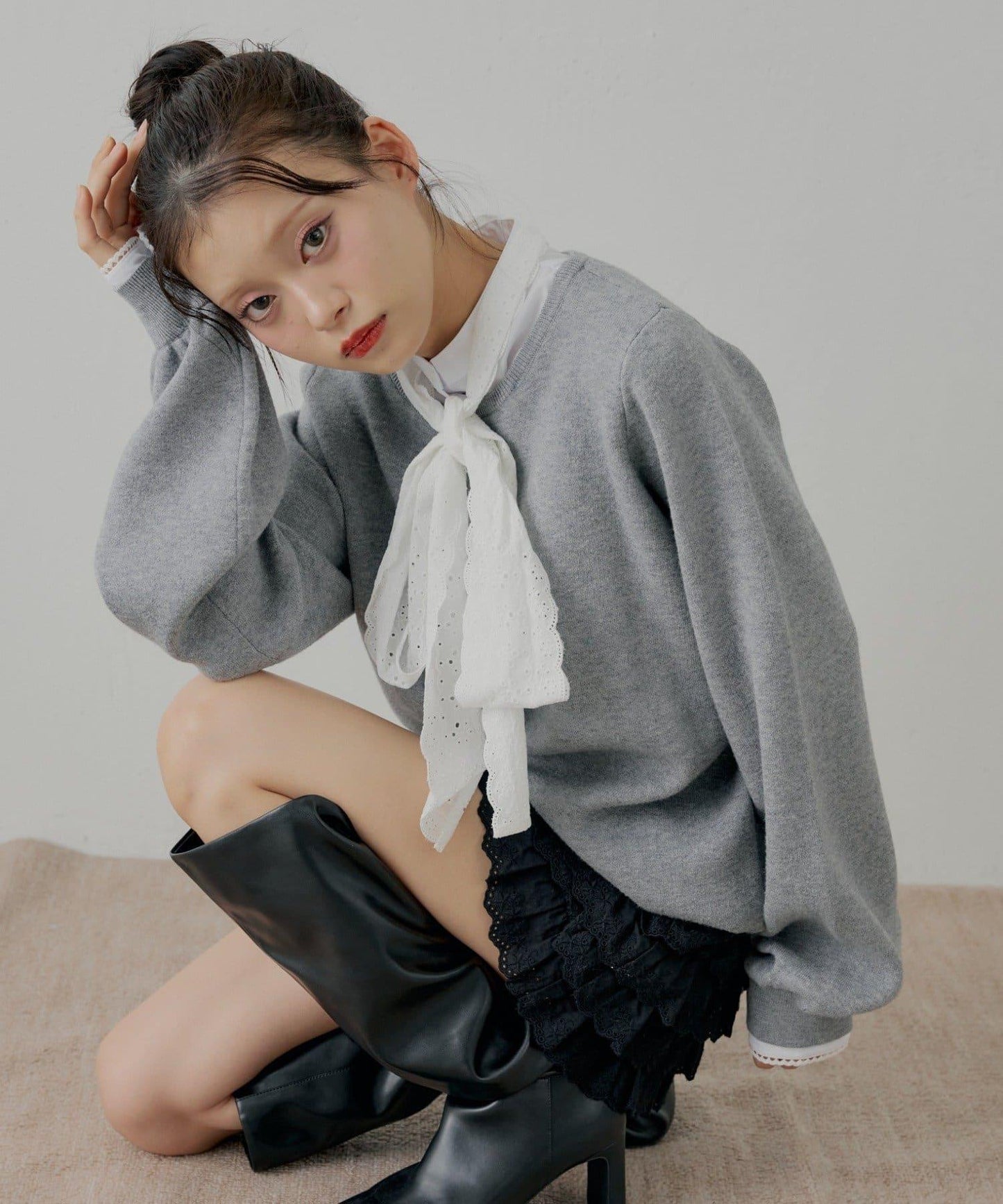 蝴蝶結領襯衫拼接針織衫