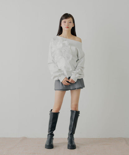 拼接網紗設計一字肩衛衣