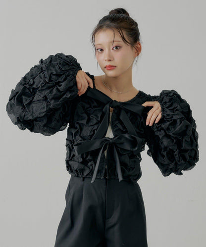 前後兩穿立體蝴蝶結泡泡紋理襯衫