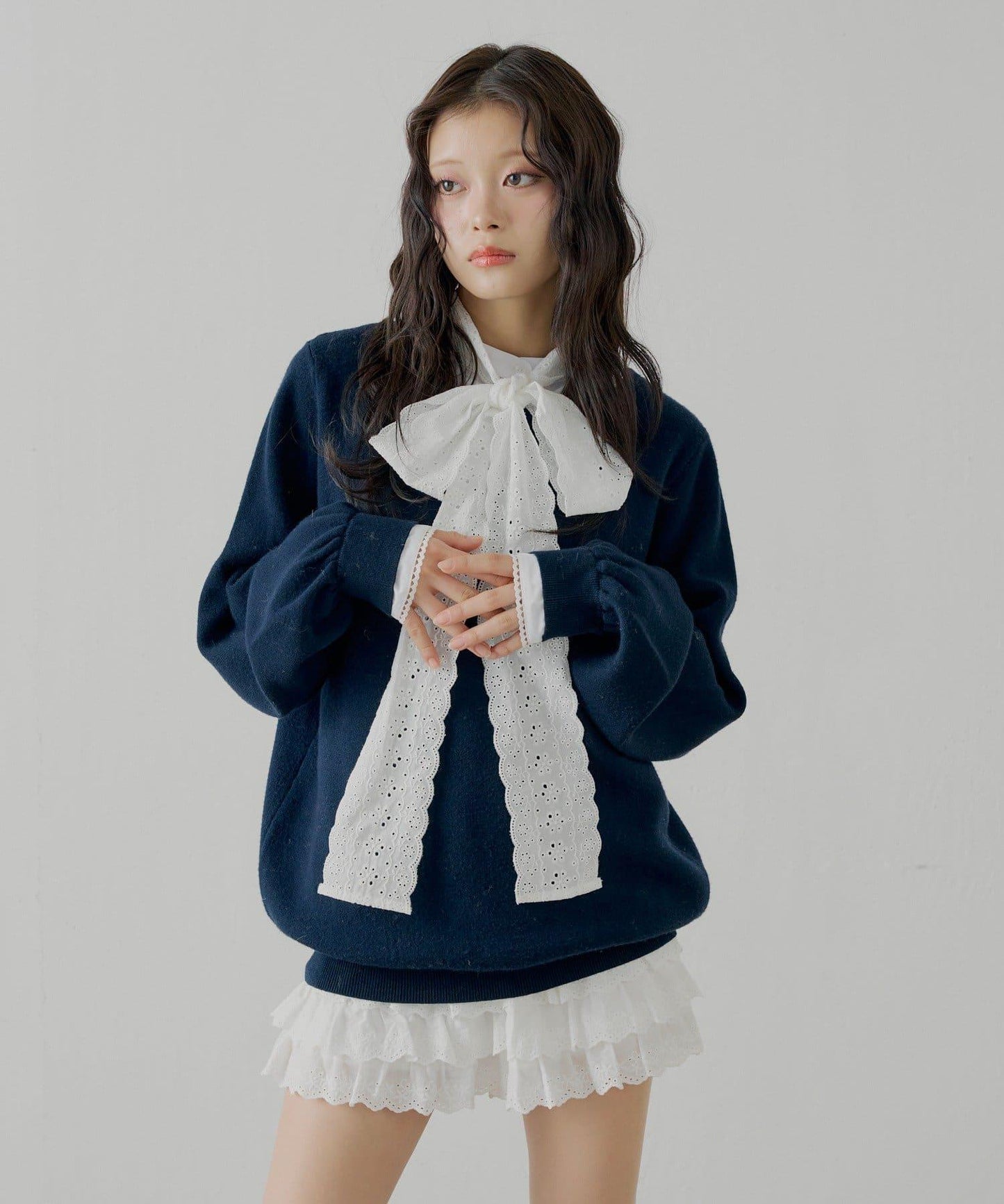 蝴蝶結領襯衫拼接針織衫