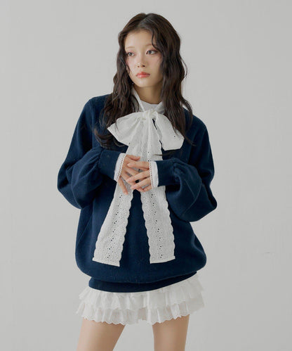 蝴蝶結領襯衫拼接針織衫