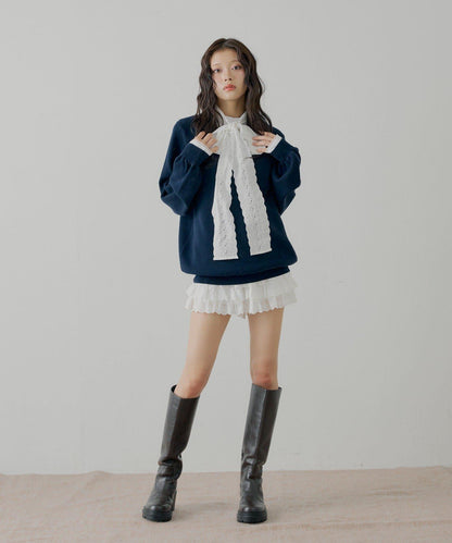 蝴蝶結領襯衫拼接針織衫