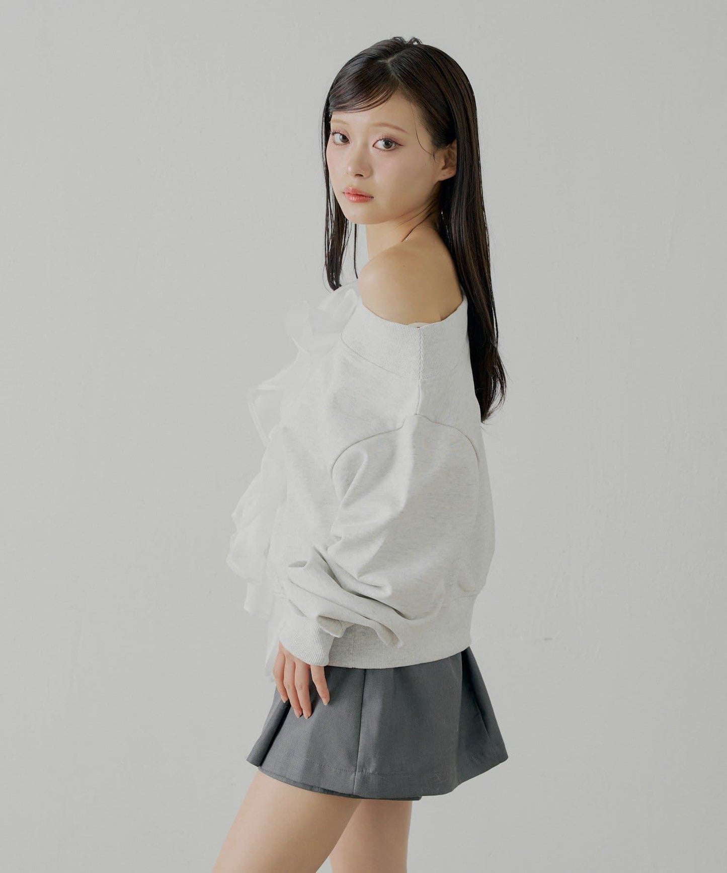 拼接網紗設計一字肩衛衣