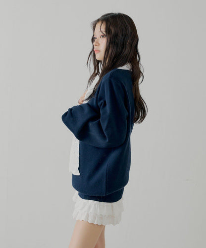 蝴蝶結領襯衫拼接針織衫