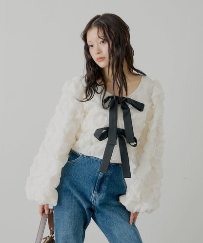 前後兩穿立體蝴蝶結泡泡紋理襯衫