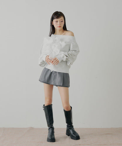 拼接網紗設計一字肩衛衣