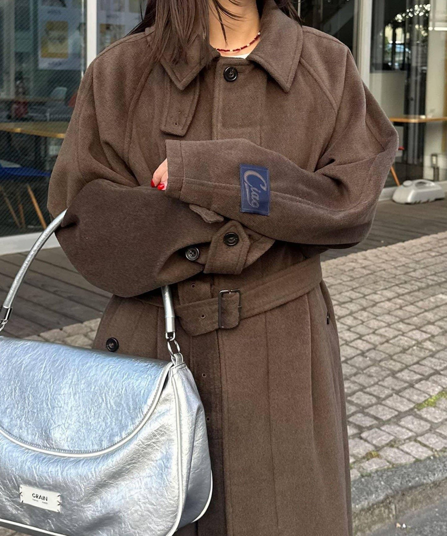 羊毛混紡繫帶單排扣大衣