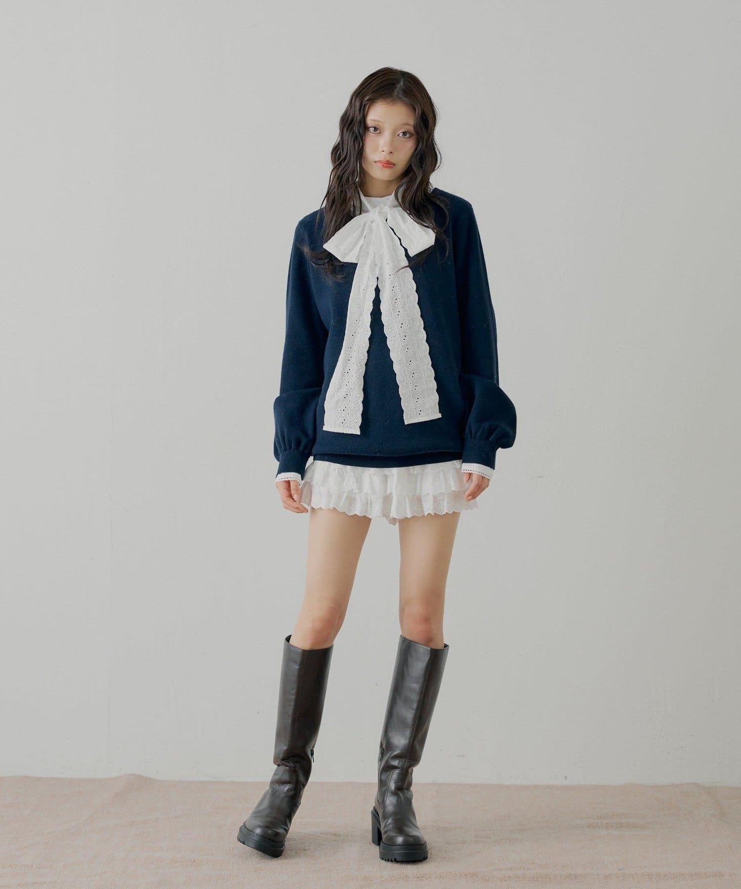 蝴蝶結領襯衫拼接針織衫