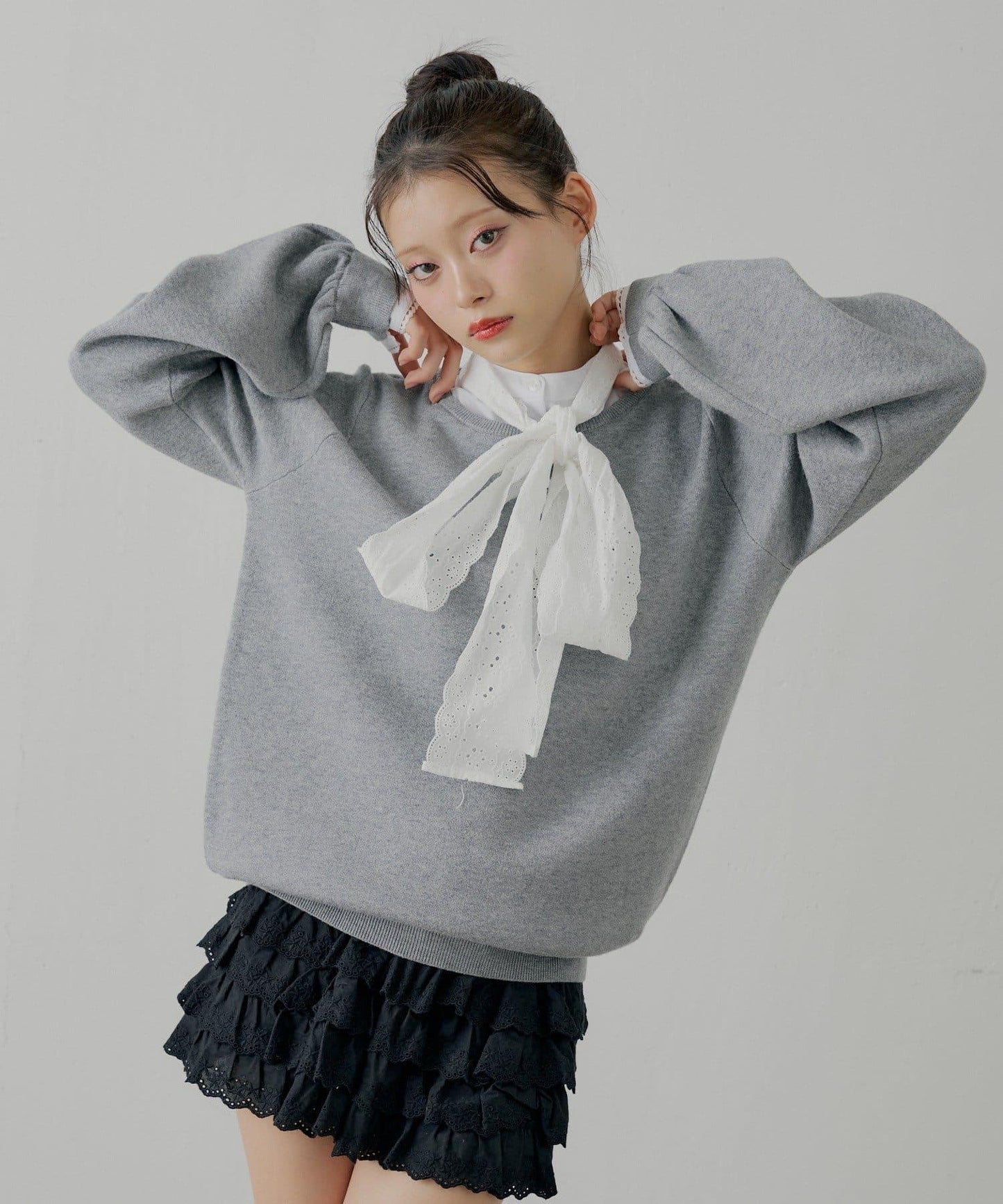 蝴蝶結領襯衫拼接針織衫