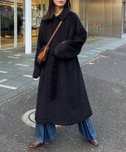 羊毛混紡繫帶單排扣大衣