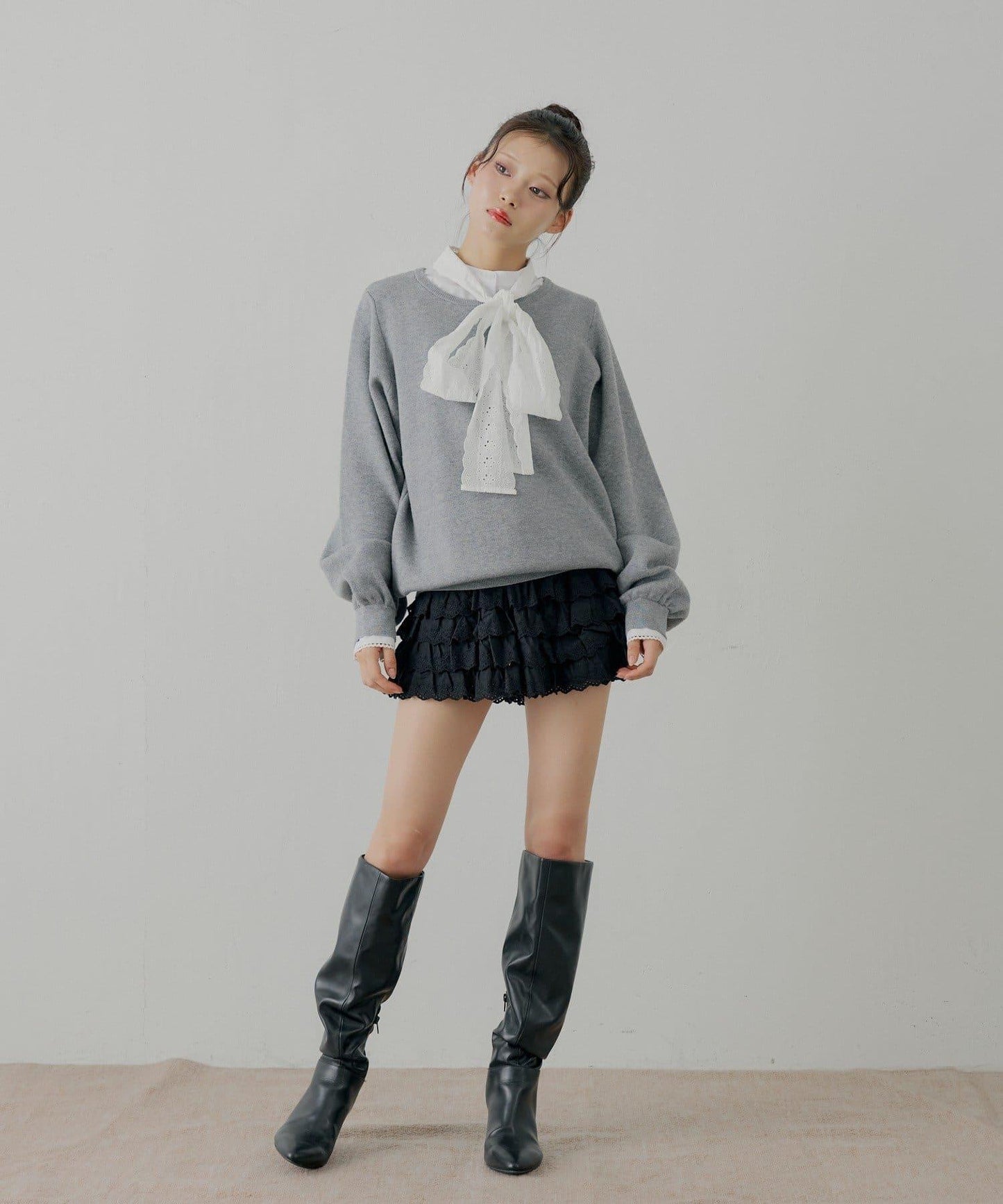 蝴蝶結領襯衫拼接針織衫