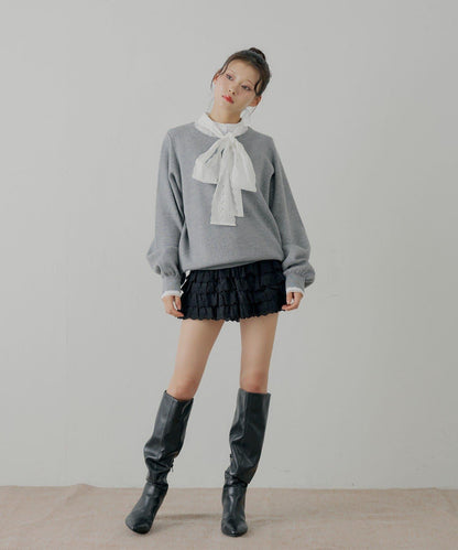 蝴蝶結領襯衫拼接針織衫