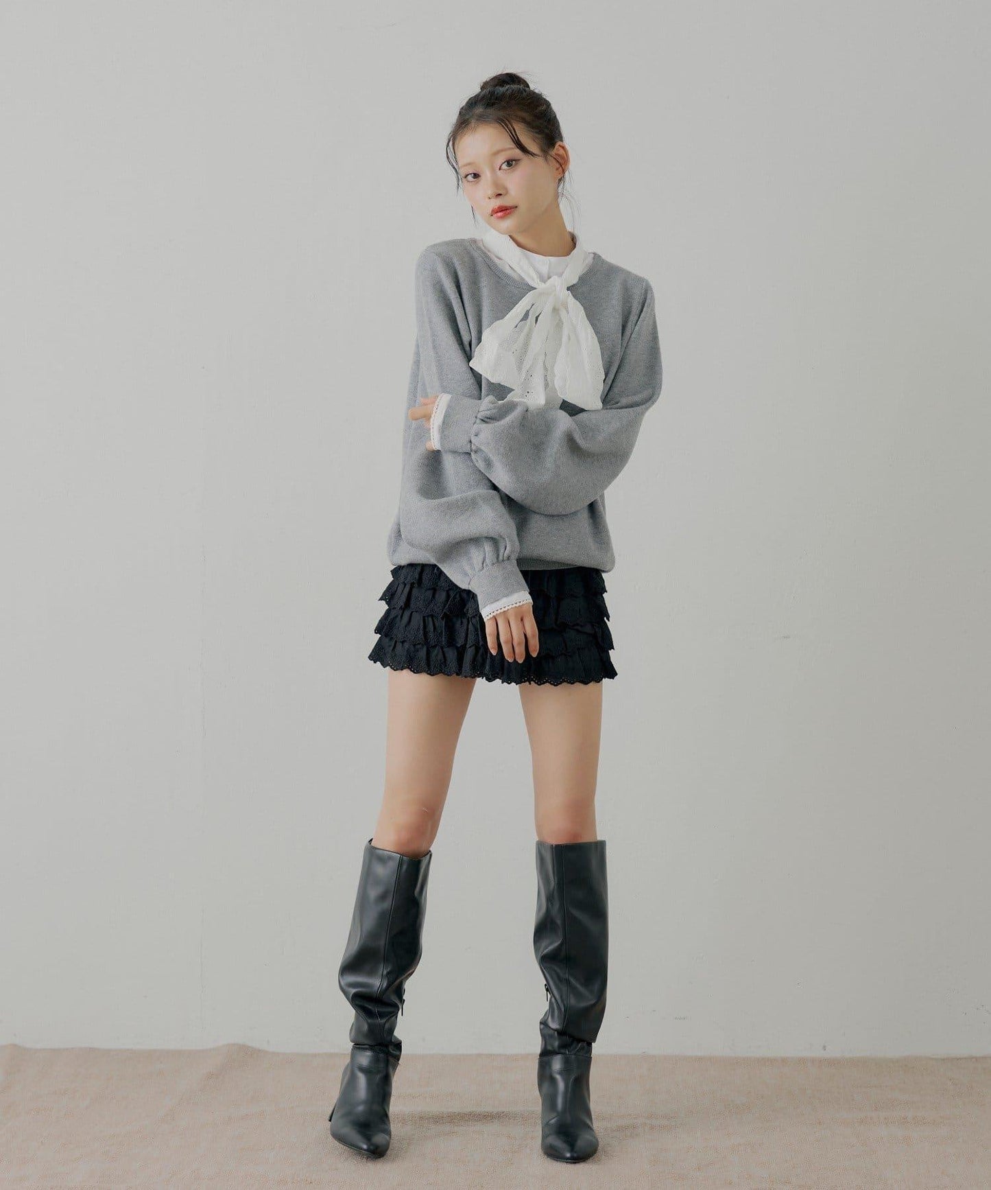 蝴蝶結領襯衫拼接針織衫