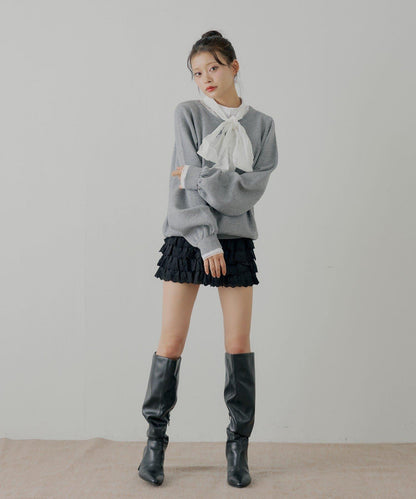蝴蝶結領襯衫拼接針織衫