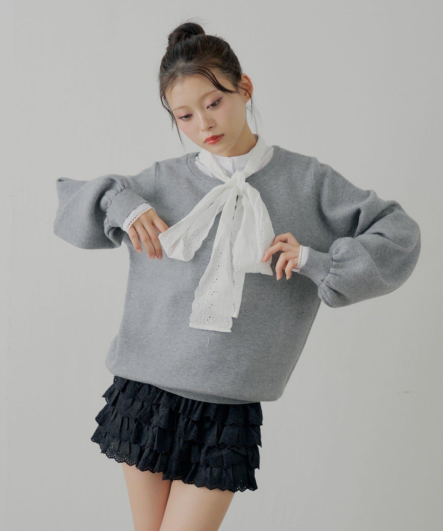 蝴蝶結領襯衫拼接針織衫