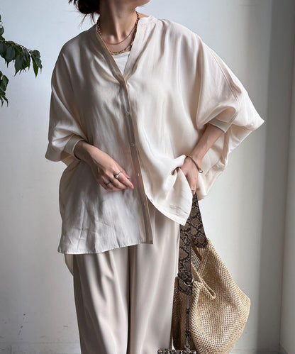 袖口羅紋蝙蝠袖V領襯衫