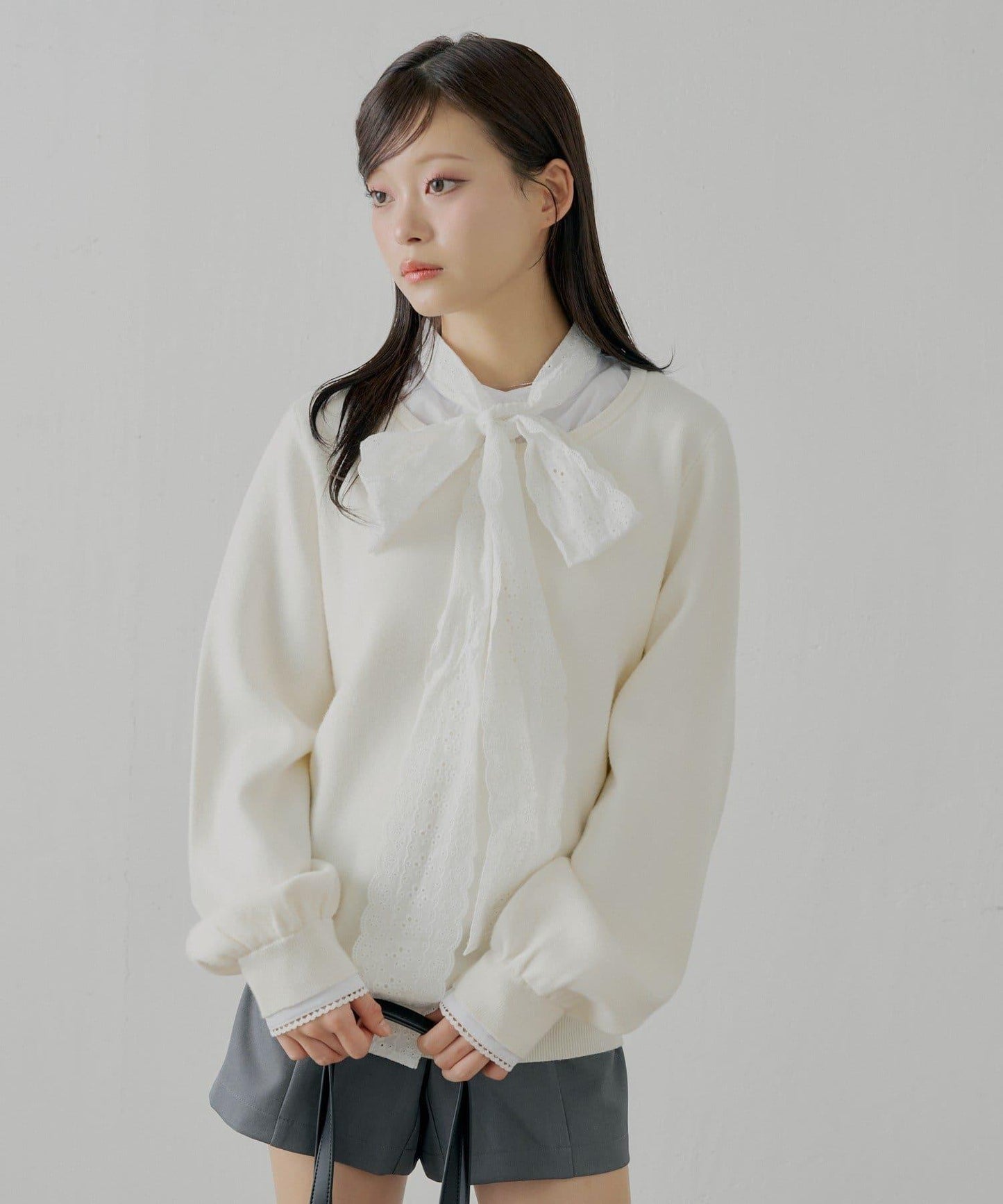 蝴蝶結領襯衫拼接針織衫