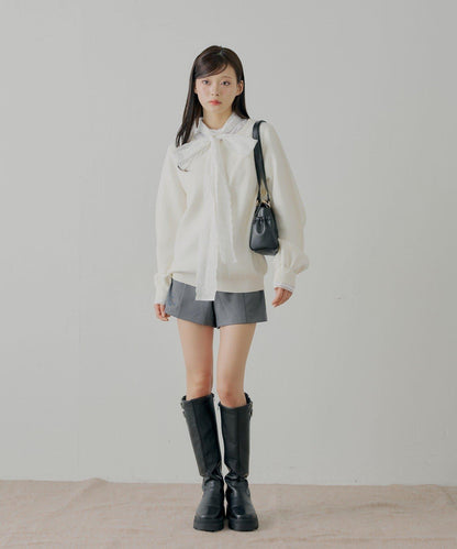 蝴蝶結領襯衫拼接針織衫