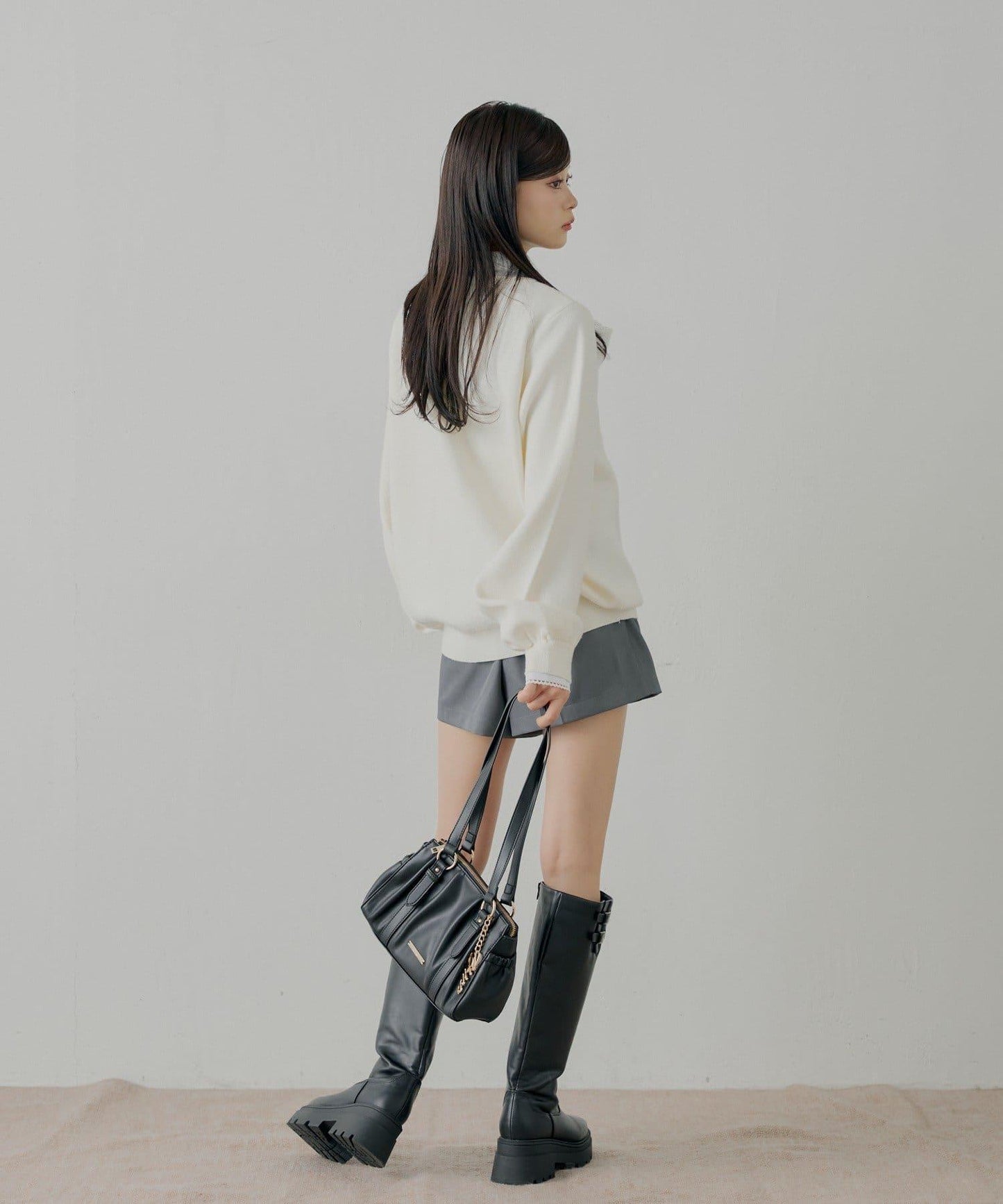 蝴蝶結領襯衫拼接針織衫