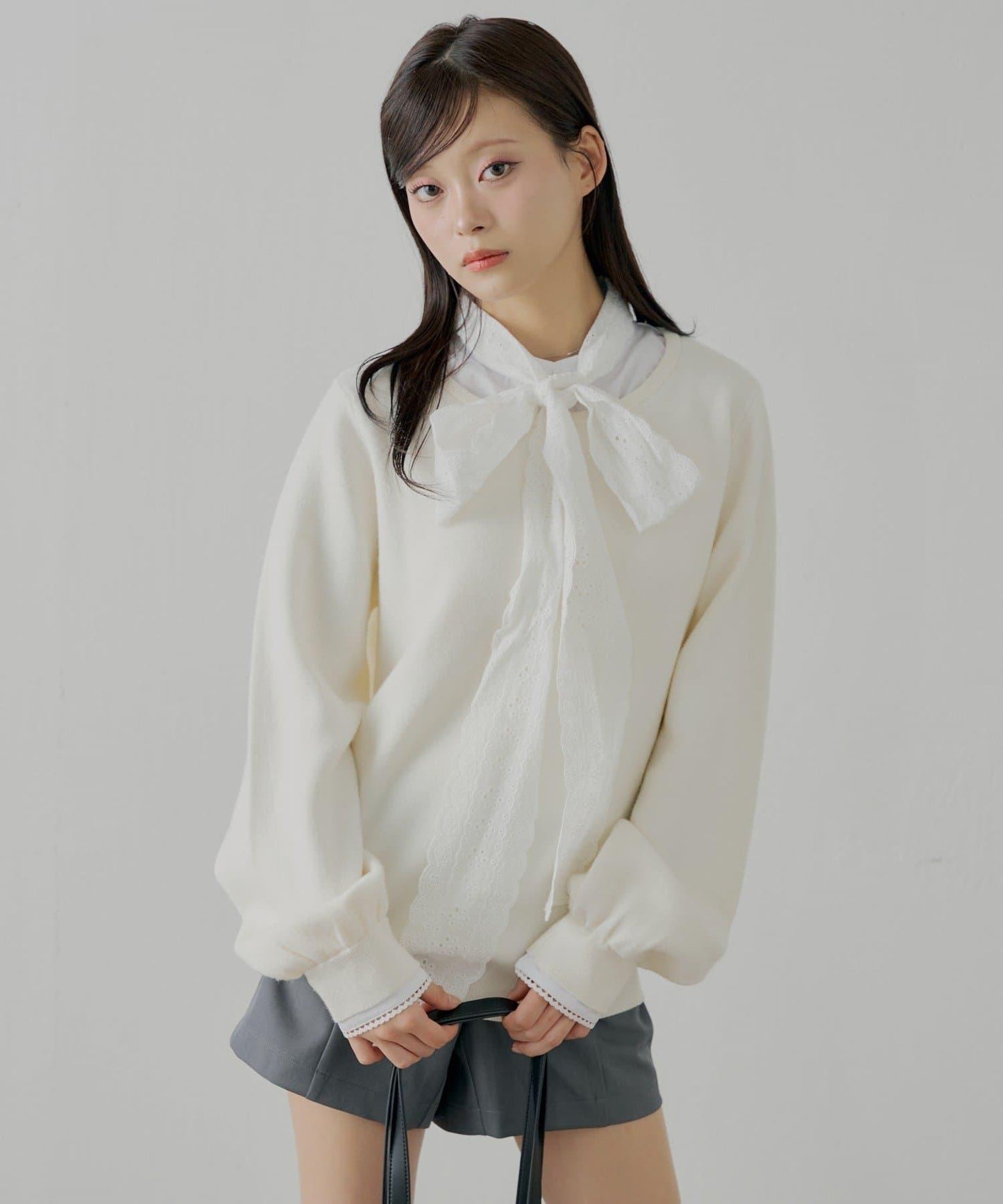 蝴蝶結領襯衫拼接針織衫