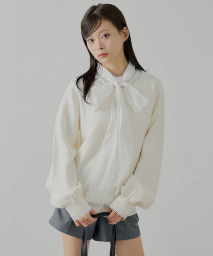 蝴蝶結領襯衫拼接針織衫