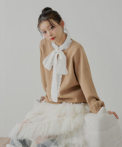 蝴蝶結領襯衫拼接針織衫